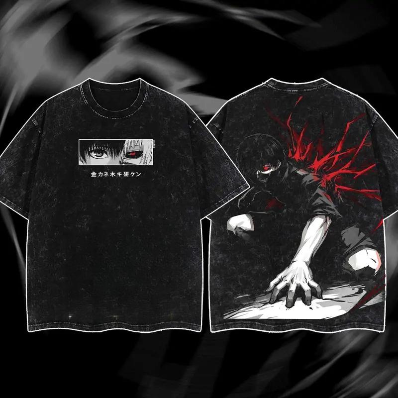 Kaneki Ken Printed Tee Anime Tokyo Ghoul Clothing Men Women Retro Washed T-shirts Casual Loose Tshirt Harajuku Cotton T Shirt