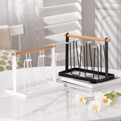 Iron Cup Drying Rack with Wood Handle & Drip Tray Baby Bottle Dryer Holder Space-Saving Countertop Organizer for Mugs Glasses Kitchen Countertop