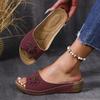 South East Asia Large Size Thick Bottom Hollow One-Word Slippers Open-toed Flower Slope Heel Beach Cool Slippers