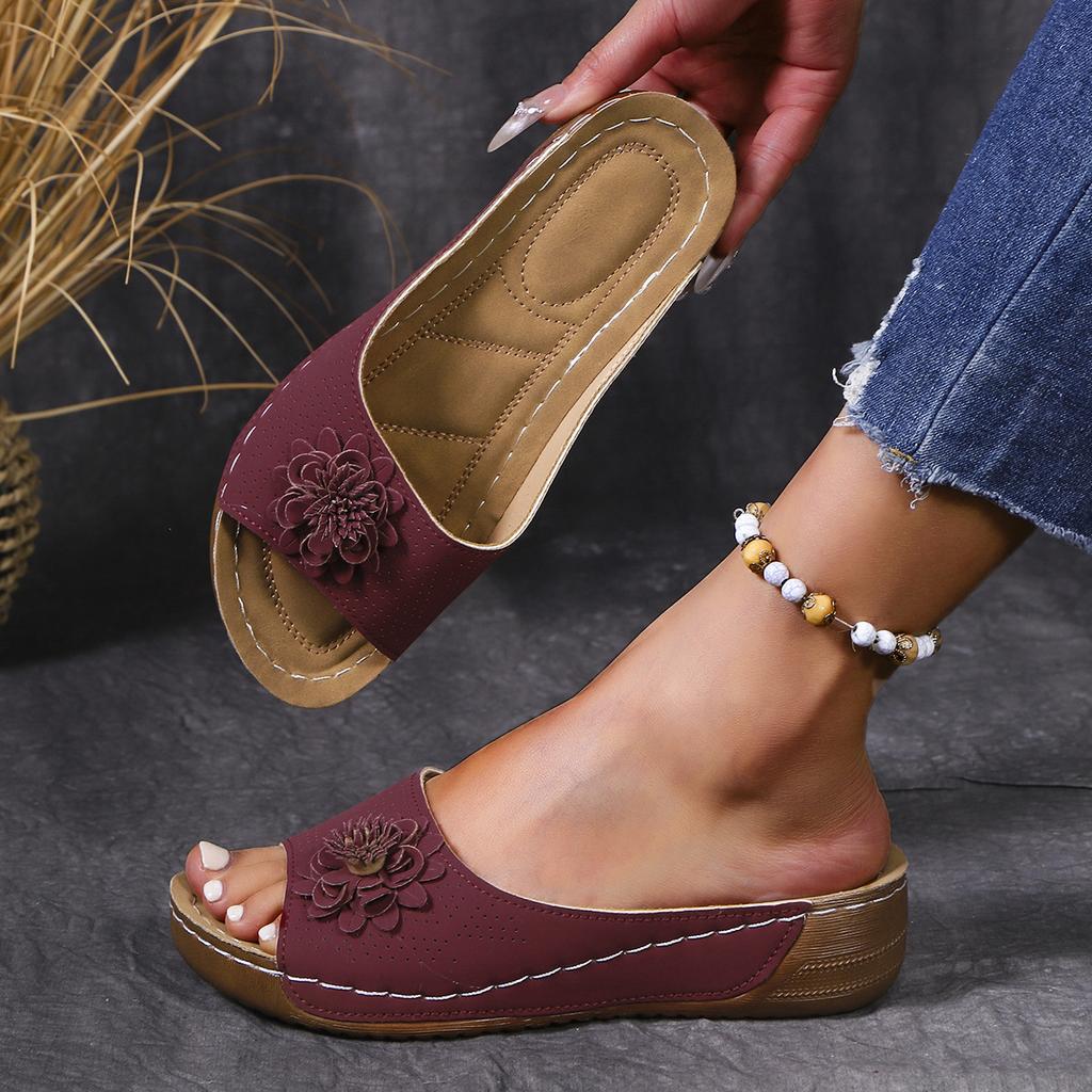 South East Asia Large Size Thick Bottom Hollow One-Word Slippers Open-toed Flower Slope Heel Beach Cool Slippers