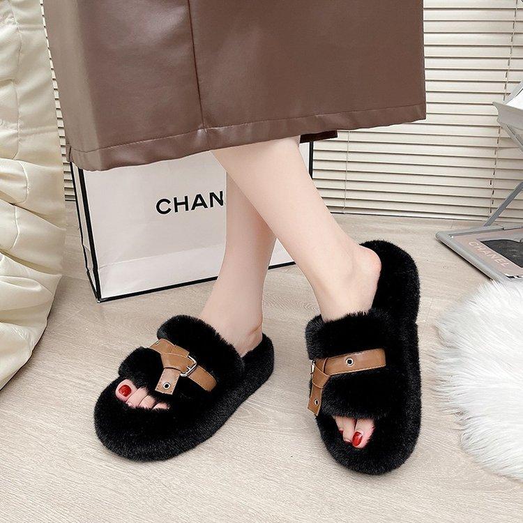 Fashion High-end Fluffy Shoes for Women's Outer Wear 2025 Spring and Autumn New Women's Belt Buckle Thick-soled Lazy Slippers for Women