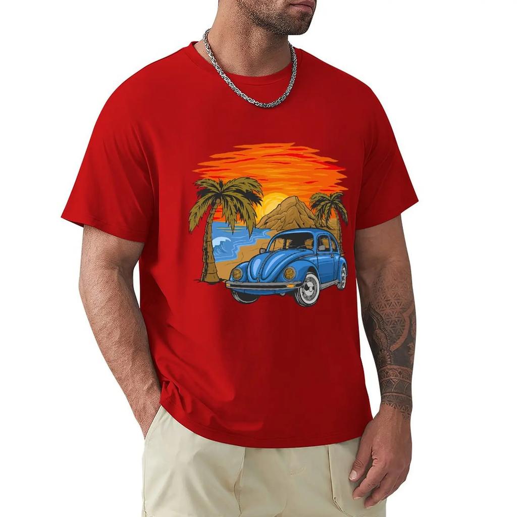 Holiday Vintage Car With Sunset In The Beach T Shirt Harajuku Short Sleeve T-shirt 100% Cotton Graphics Tshirt Tops