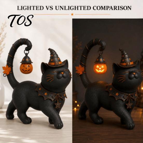 Small Statue for Balcony Halloween Black Cat Wearing Hat Figurine, Resin Witch Dark Style Figurine Desk Shelf, Spooky Cute Home Decor, Gift