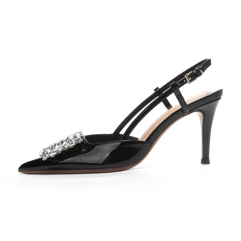 [Spot] Patent Leather Black Temperament High-heeled Sandals Women's Beautiful Summer Soft Leather Thin Heel Pointed French Style Not Tired Feet