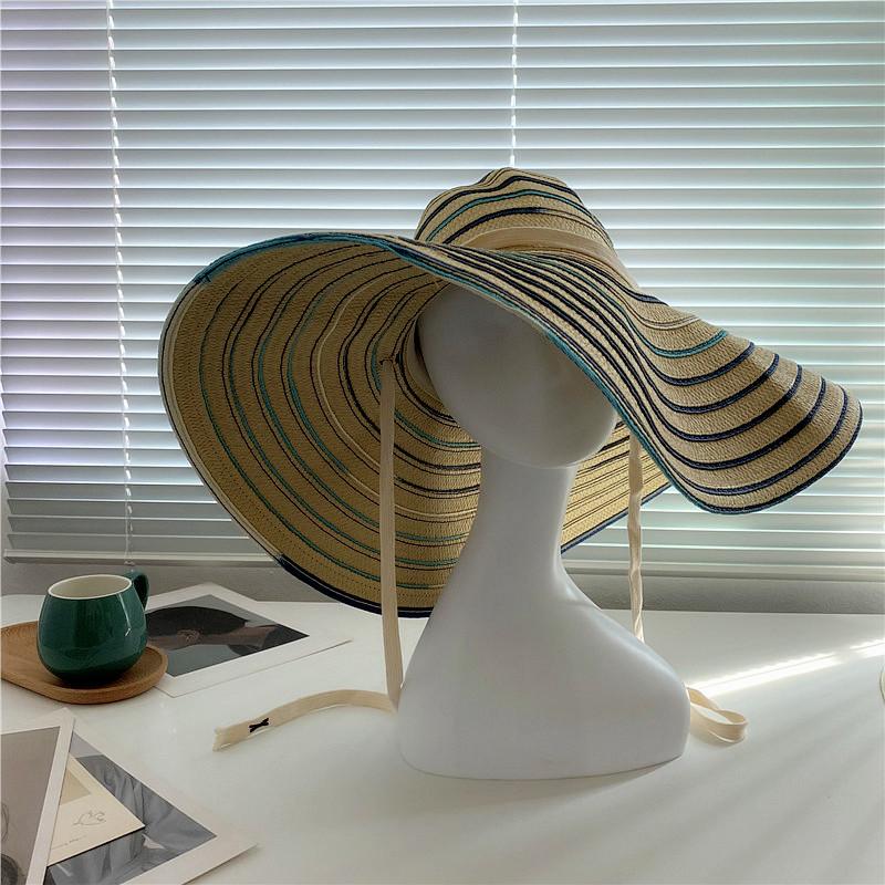 Summer Straw Hat Women's New Color Bar Big Brim Sun Hat Sunscreen Sun Hat Beach Vacation Seaside Travel Foldable