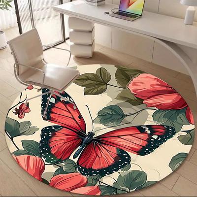 1PC Butterfly Floral Office Round Area Rug, Mat Suitable For Office, Under Office Chairs Bedroom Living Room Home Decor, Room Deco