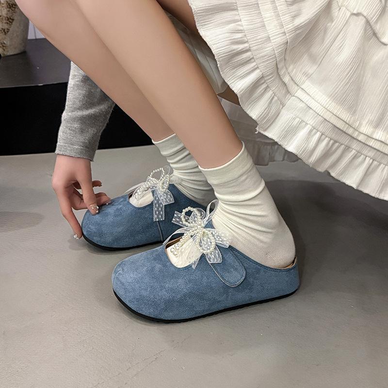 Fashion Slippers Women Summer Loafers Female Shoes Low Slides Fashion Butterfly-Knot Lace Cover Toe 2025 Luxury Hoof Heels Butterfly-kno