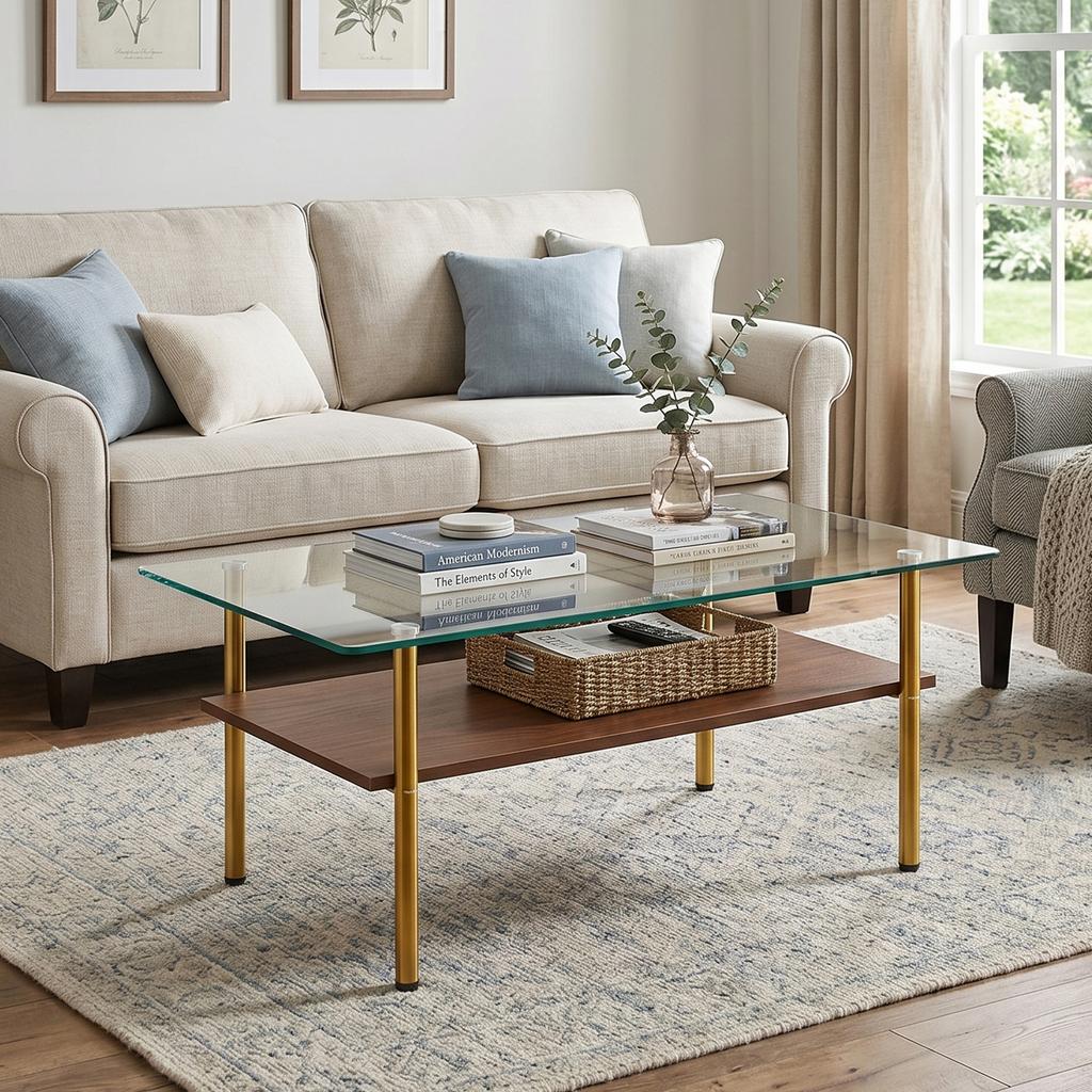 Modern Coffee Table with Glass Top and MDF Shelf, Gold-Colored Metal Frame, Rectangular Sofa Table in Luxury Design, Wood Look-H45/W98/D58 cm