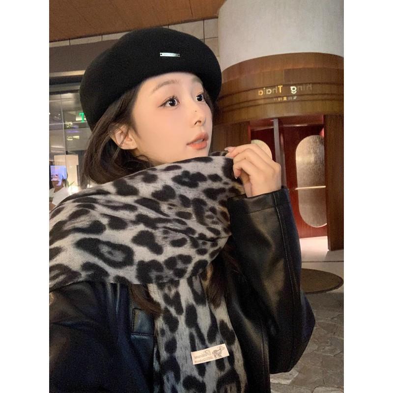 Stylish Retro Leopard Print Fringed Scarf Women Winter Thick Knit Wrap Boho Chic Accessory Gray