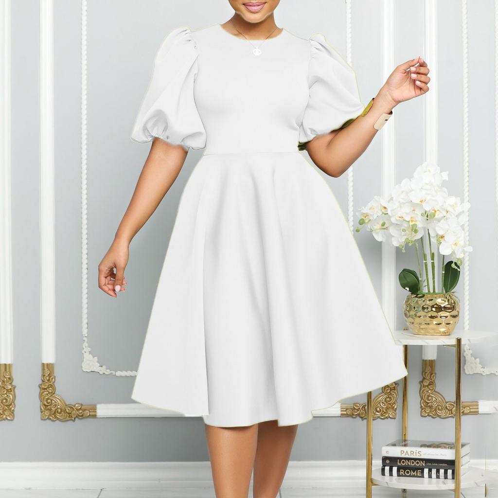 Summer Fashion Party Dresses for Women 2026 New O Neck Short Sleeve High Waisted Pleated Mid Calf Fashion Ladies Birthday Dinner Dress
