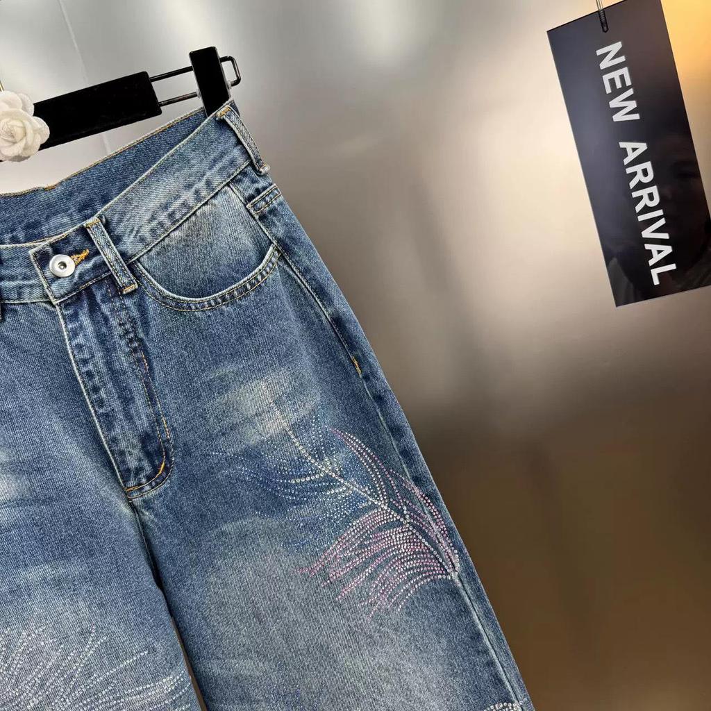 2025 Spring/Summer Women's French Retro Feather Rhinestone Straight Wide-Leg Denim Jeans