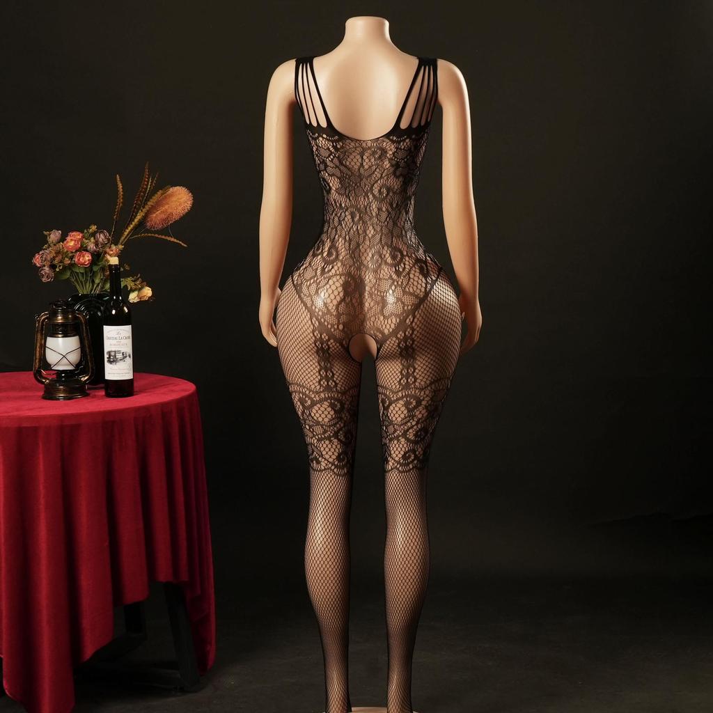 European & American Sexy Halter Bodysuit with Hollow Chest, Jacquard Net Design, & Open Crotch (Model 4156A)