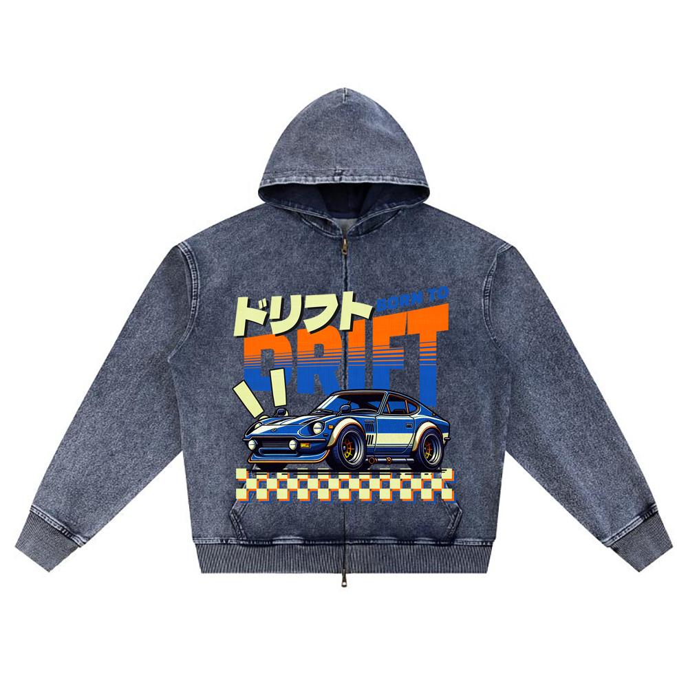 

DTG print Knitted Denim Zip-Up Hoodie Born to Drift Brother Print Zipper Hoodies XL темно-синього кольору