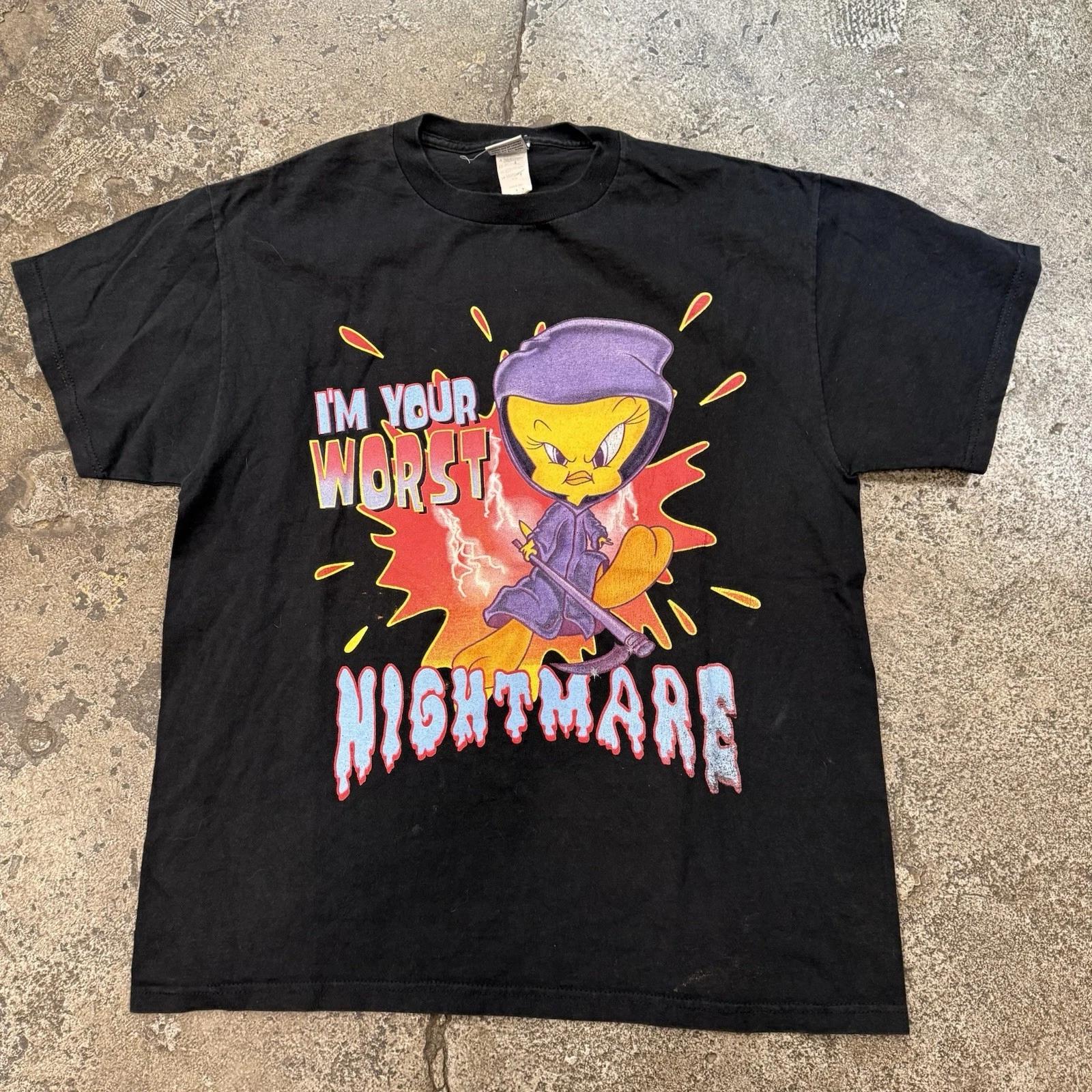 Vintage 90s Looney Tunes Graphic Tweety Bird Halloween Shirt Nightmare Black S