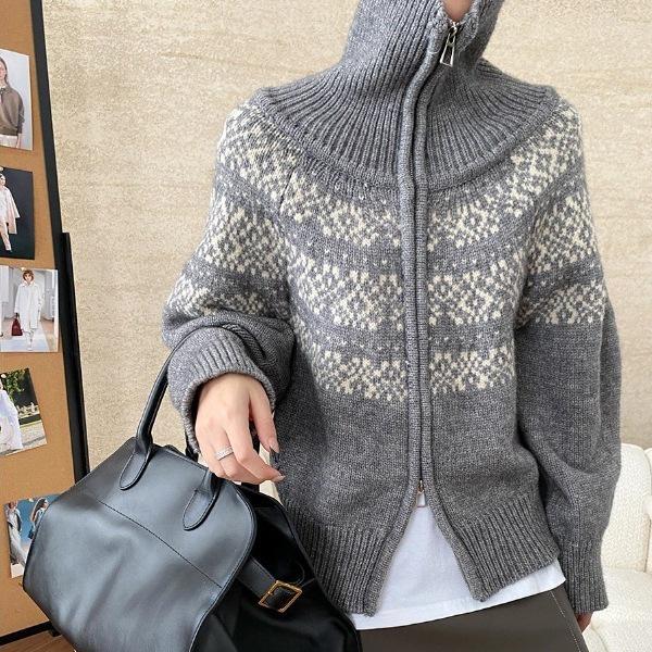Korean Style High Neck Retro Jacquard Sweater Women's Double Zipper Knit Cardigan