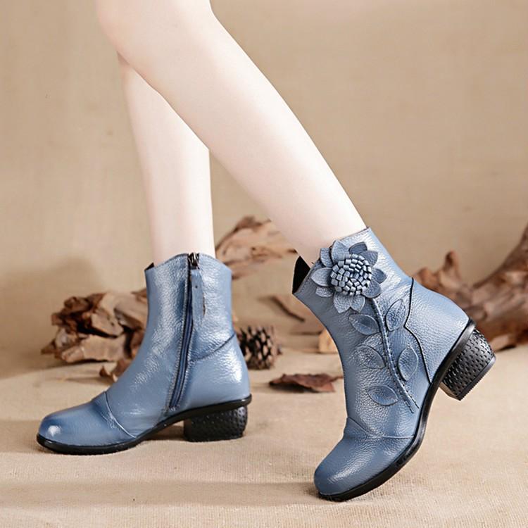 Ethnic Style Thick Heel Women's Shoes Short Boots Genuine Leather Mother Cotton Shoes Retro Flowers Middle-aged and Old Short Boots Single