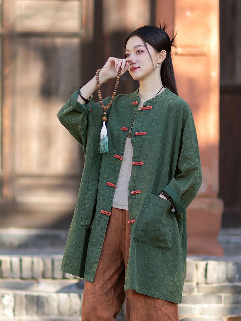 Johnature Women Shirts Vintage Tops Spring Chinese Style Button Solid Color Pockets Stand Long Shirts