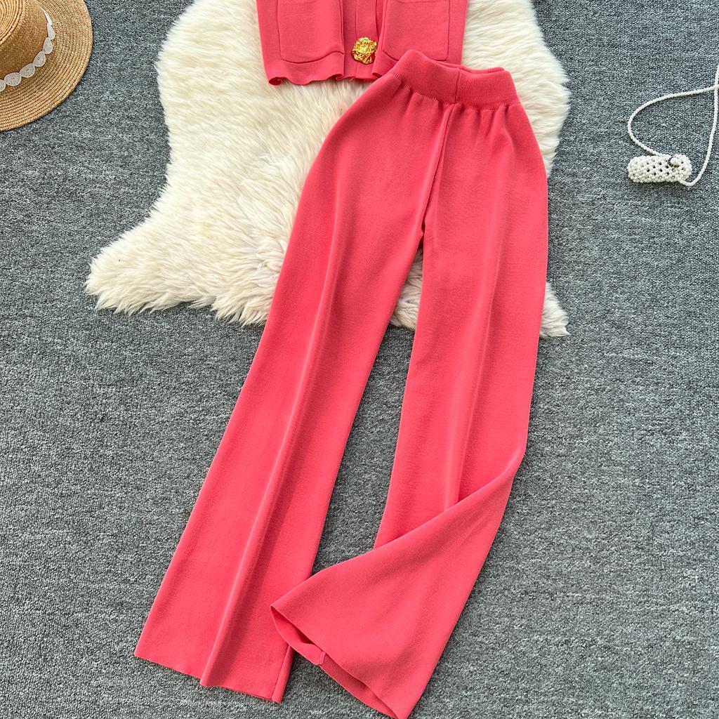Summer Women Knitted Sweater Tracksuit Sleeveless Big Gold Button Tank Vest Tops and Wide Leg Pant Two Piece Set