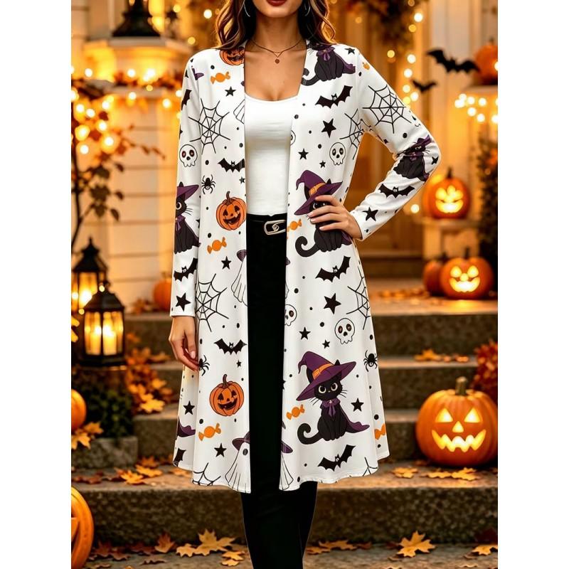 2026 Casual Open Front Cardigan Mid-Length Coat 3D Pumpkin Ghost Print