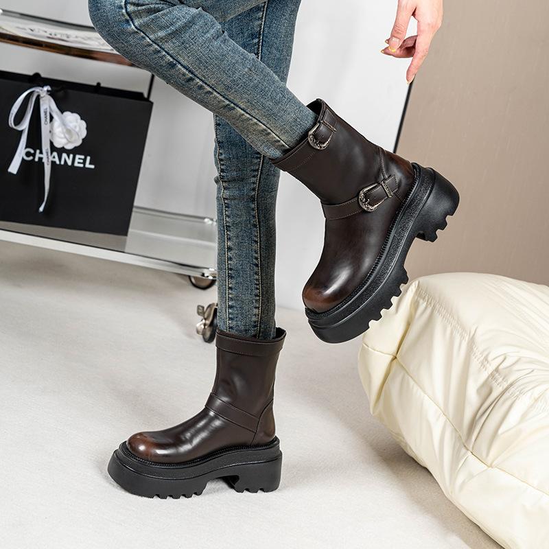 Maillard Knight Boots Women's 2025 New British Cowboy Boots Short Boots Retro Brush Buckle Western Martin Boots Women