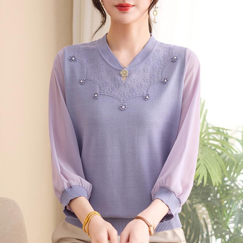 

Summer Chinese Style Knitwear: Seven-Sleeve Gauze Top for Middle-Aged & Elderly Women XL (suggested 90-105 jin)