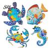 Sun-proof Outdoor Wall Art 4 Pcs Wooden Beach Decor Colorful Sea Turtle Fish Crab Seahorse Garden Decorations Sculptures Ocean Theme for Fence