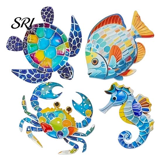 Sun-proof Outdoor Wall Art 4 Pcs Wooden Beach Decor Colorful Sea Turtle Fish Crab Seahorse Garden Decorations Sculptures Ocean Theme for Fence