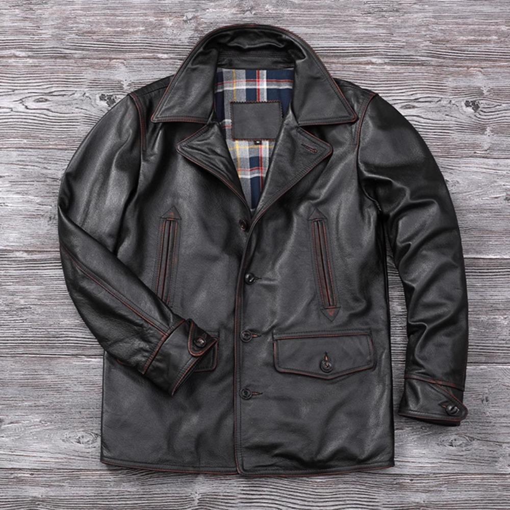 Giacca lunga da uomo in vera pelle, taglia cinese, classica, nera, in pelle di mucca, casual, in tessuto di pelle