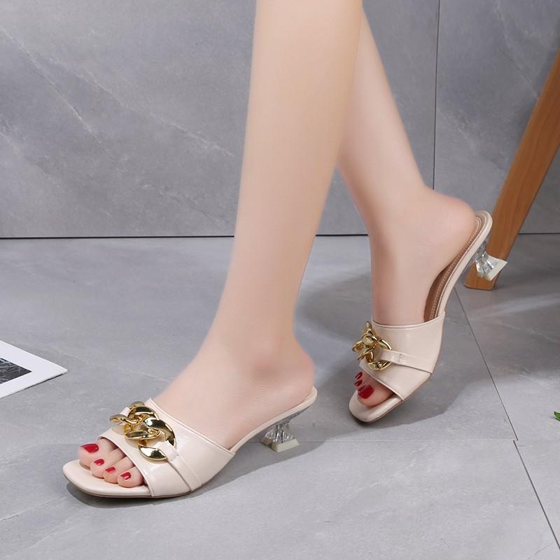 Fashion Women Slippers Mules Slides Shoes Female Clear Heels Sandals with Chain Low Heels Open Toe Outdoor Party Fashion Footwear Black