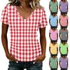 Women’s Fashionable Casual V-neck Short-sleeved Check Print Slim-fit Lightweight T-shirt Top