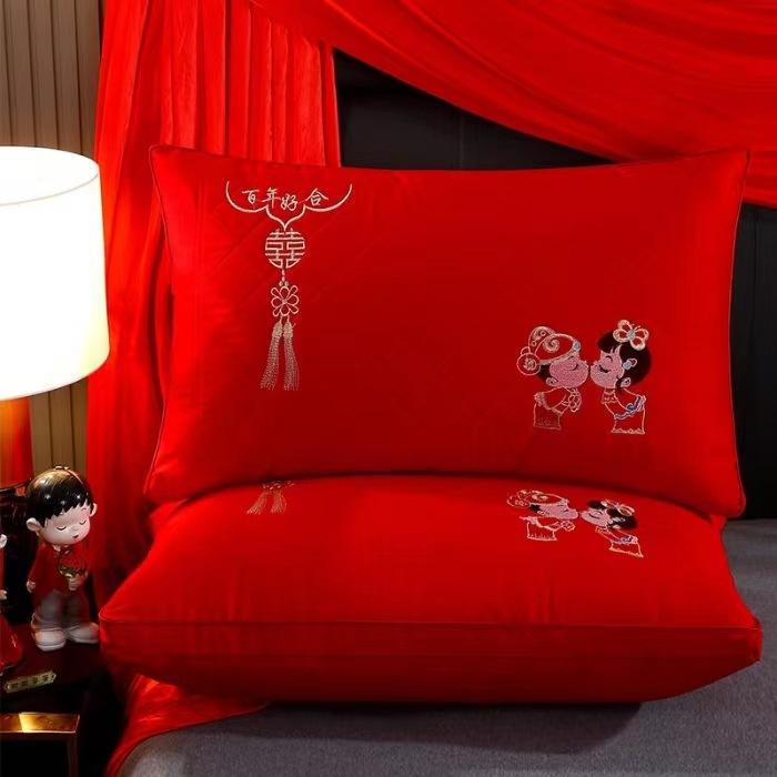 High-end Pillow Core 100% Cotton Big Red Wedding Celebration Newlywed Household Pair of Pure Cotton Pillow Wedding Pillow Core Wedding Room