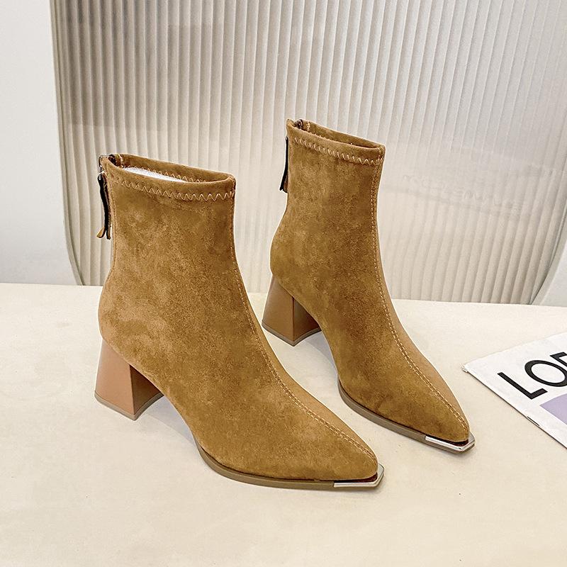 Short boots women's new autumn and winter 2025 suede pointed rear zipper inner height increase short thick heel bare boots women's boots