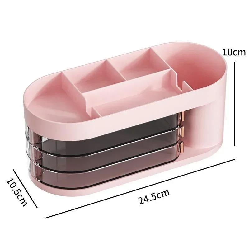 

Настольный вращающийся выдвижной ящик для хранения, подставка для ручек, коробка для хранения помады, подставка для косметических кистей, подставка для макияжа, держатель для мобильного телефона розовый