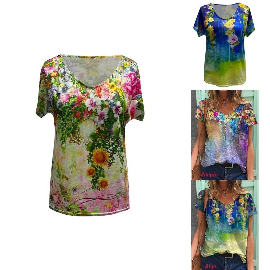 Stylish Womens V Neck Short Sleeve Blouse Soft Casual Baggy Floral T-shirt Tunic Tops