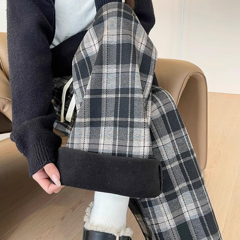 150cm Christmas Plaid Wide-Leg Pants for Petite Women - Autumn & Winter Casual Versatile Outfit