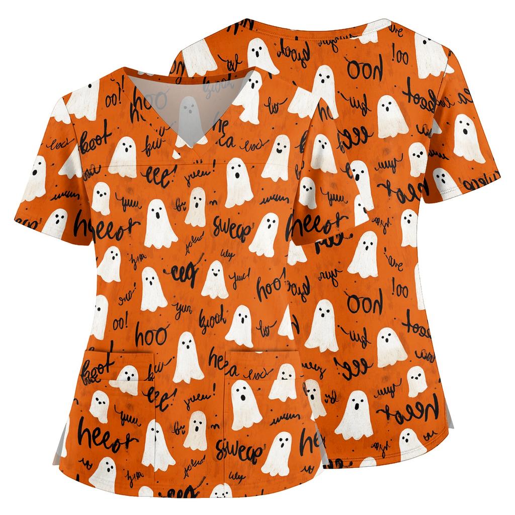 Women's Halloween Print V Neck Medical Scrub Top with Pockets Side Slit Short Sleeve Nurse Uniform Shirt for Healthcare Professionals