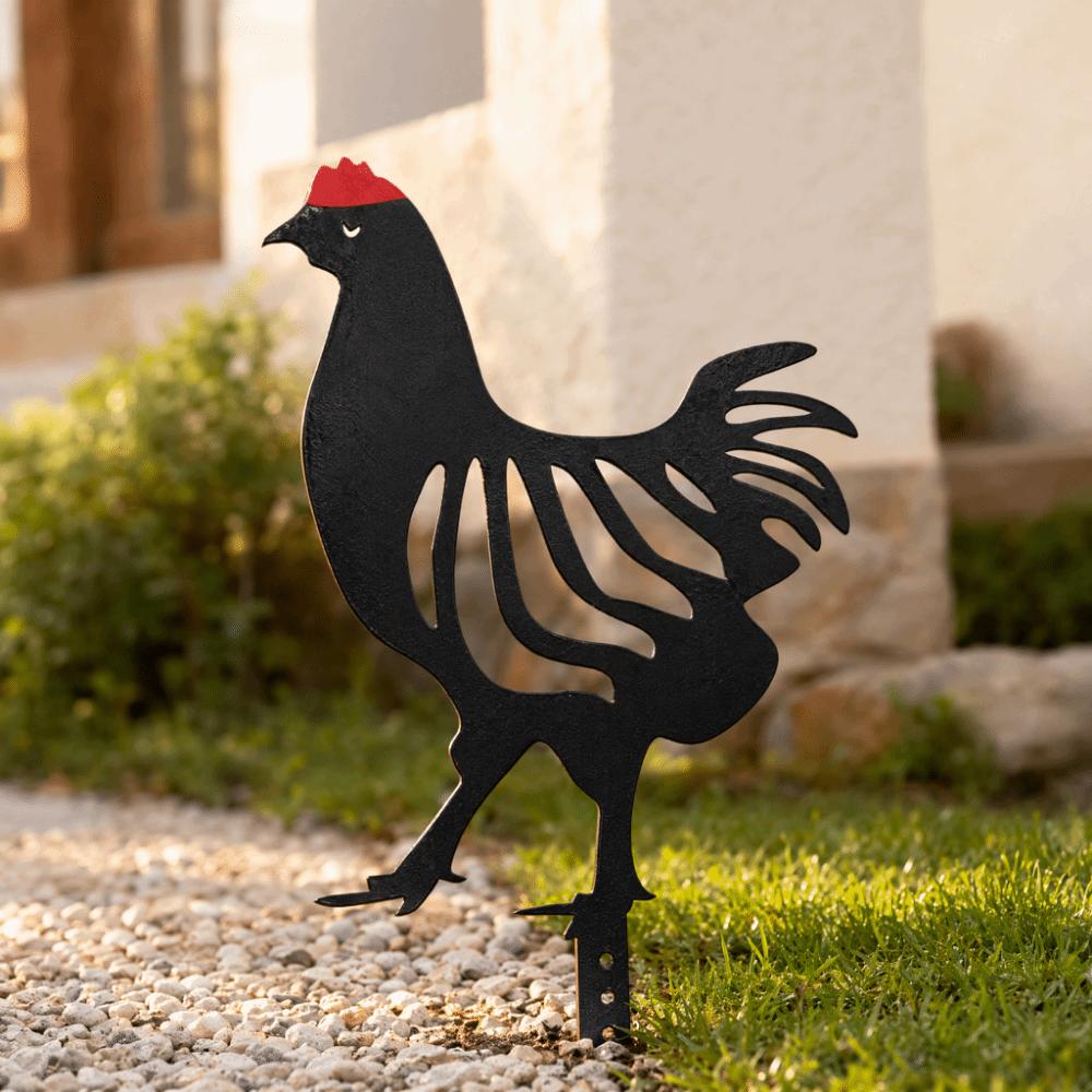 Black Metal Rooster Hen Garden Stake Decor  Patio Border Ground Inserted Adornment