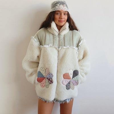 Fleece Jacket with Ruffle Trim, Patchwork Long Sleeve Top for Women