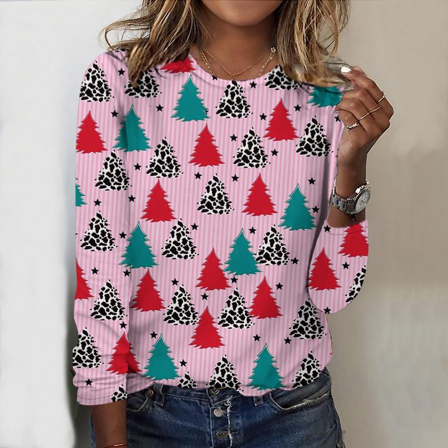 Tops For Women Christmas Tree Print Round Neck Long Sleeve T-shirt Fall Casual Slim Pullover Women's Long Sleeve Top