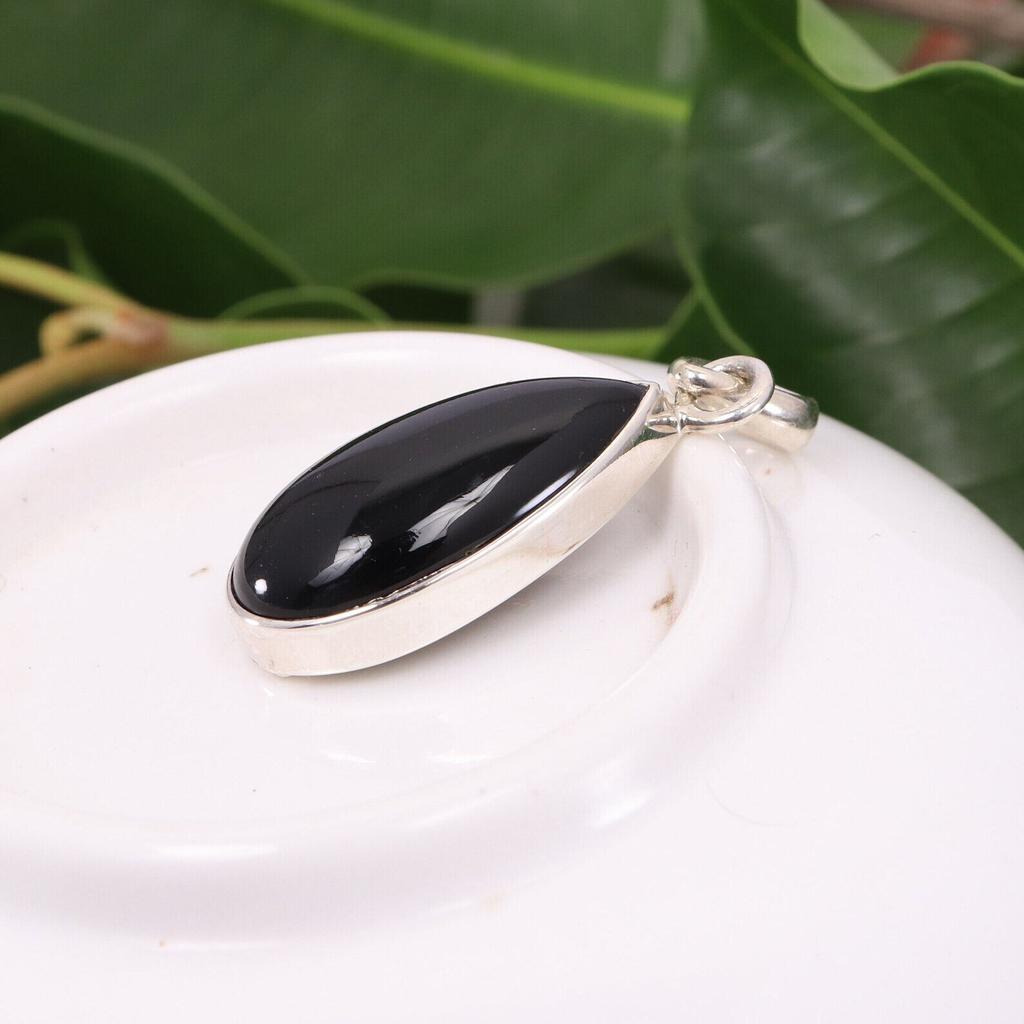 Black Onyx Pendant-925 Sterling Silver Necklace-Handcrafted Silver Gift Pendant