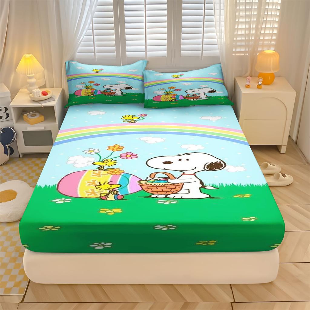 Snoopy  With Pillowcase Fitted Sheet 3D Children'S Bedding Set  Polyester 2/3Pcs Comforte Bed Cover Full Set