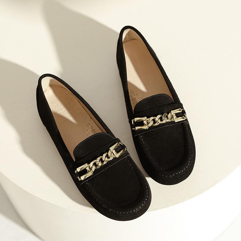 Модные женские мокасины из натуральной замши лоферы с металлической цепочкой слипоны женские балетки для ходьбы босиком женские кроссовки из коровьей кожи 38 чёрный 2990₽
