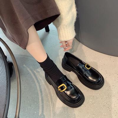 British One-word Square Buckle Thick-soled Thick-heeled Loafers 2025 New One-pedal Square Round Head Small Leather Shoes Women's Spring and Autumn