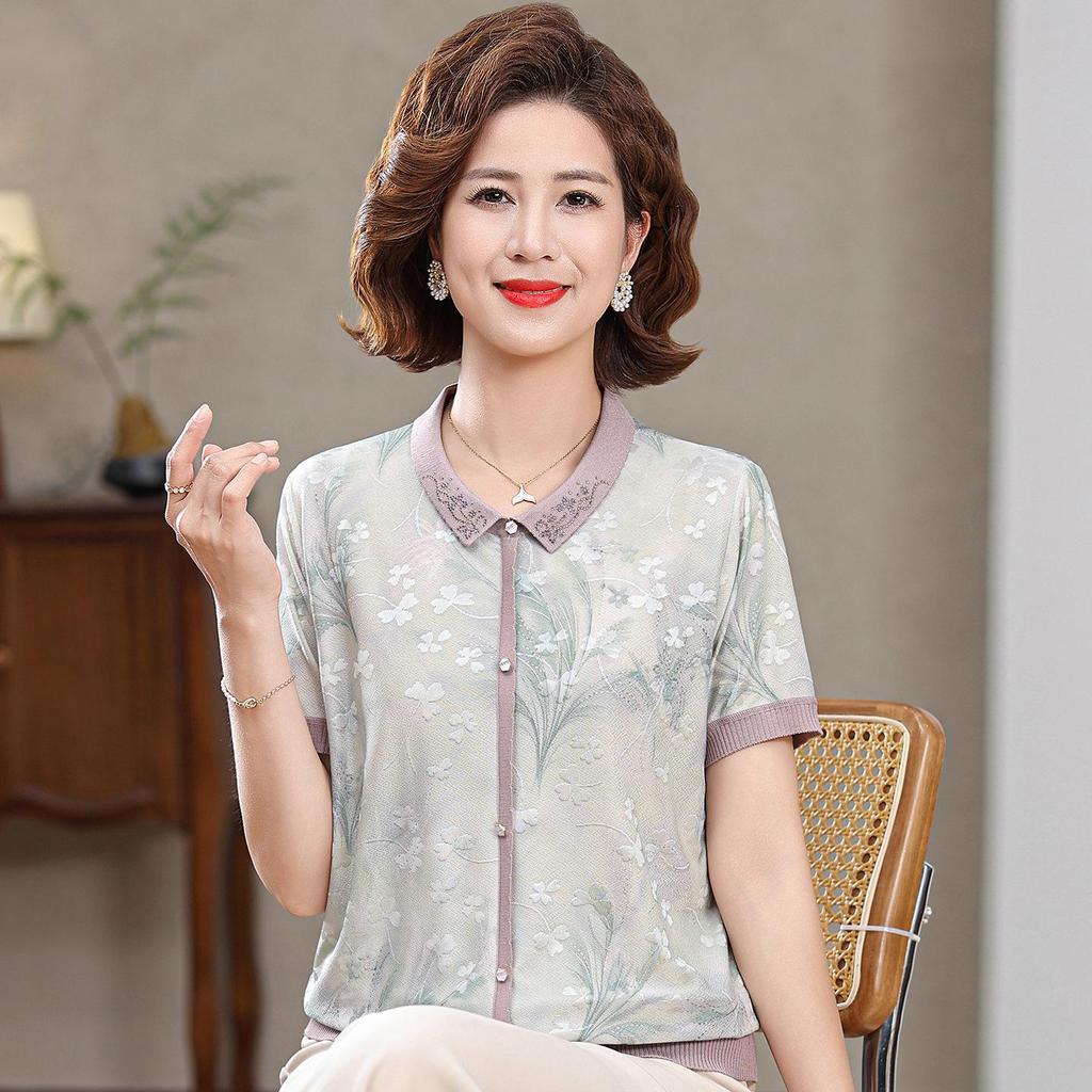 Modern Summer Ice Silk Printed T-shirt for Mid-Aged Women - Short Sleeve Lapel Top