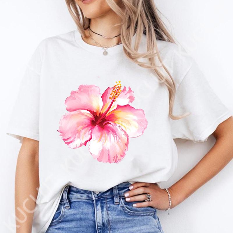 

Женская летняя одежда с 3D-принтом Y2K Розовые футболки с цветком гибискуса Летние модные женские футболки с коротким рукавом Розовые повседневные топы L