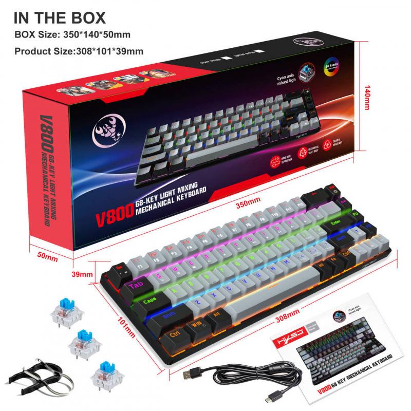 68-Key Wired Mechanical Gaming Keyboard - Hot-Swappable Blue Switches, Dual-Color Injection Keycaps, Ice Blue Backlight