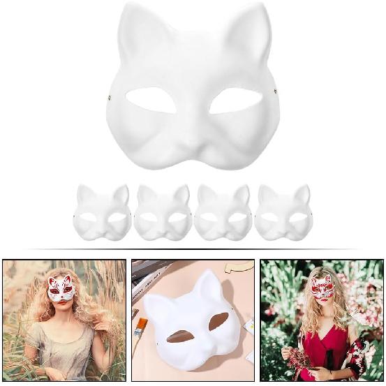 LOGOFUN 10 Pcs Cat Masks for Kids Therian Mask White Paper Blank DIY Unpainted Animal Mask Cosplay Party Decorations