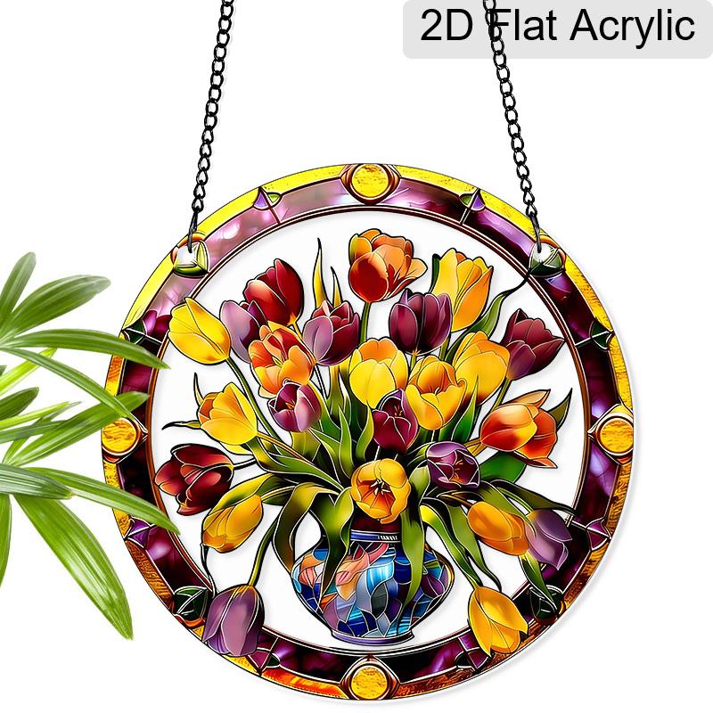 

Acrylic Tulip Bouquet Vase Suncatcher Stained Glass Effect Window Hanging Ornament Floral Gift for Home 20cm/7.87Inches