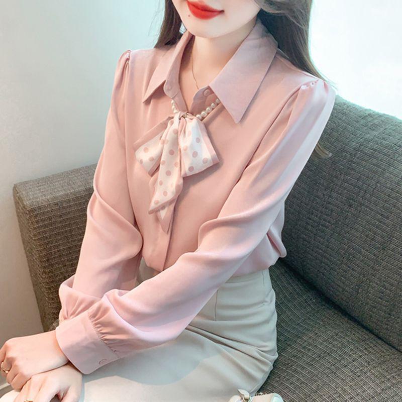 

Женская шифоновая блузка высокого класса в западном стиле с бантом, весна 2025 Extra Large розовый