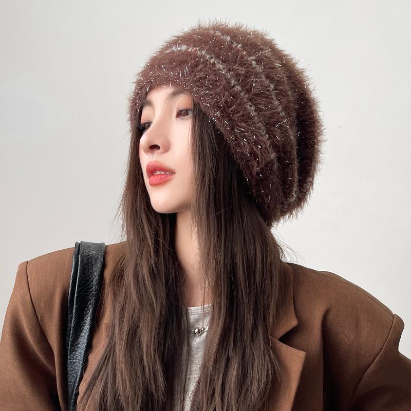 

Шапка Женская осенне-зимняя вязаная шерстяная шапка Модная универсальная шапка из плюша с ярким шелком Зимняя теплая шапка-пуловер average size